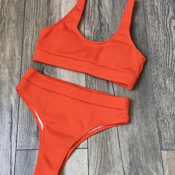 Orange Ribbed textured Bikini Set - Picture 3 of 6